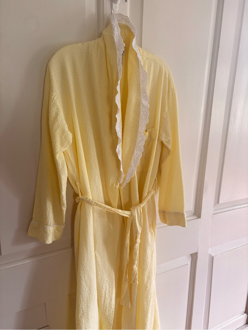 Vtg Lanz of Salzburg Robe Yellow Cotton Seersucker Lace Cottagecore Grannycore S